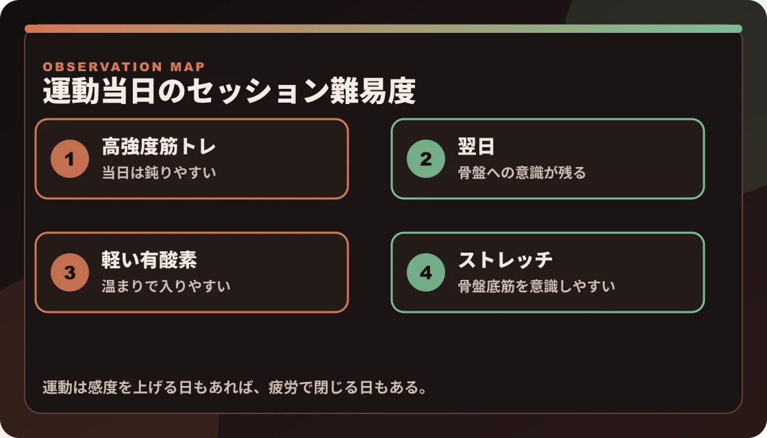 高強度筋トレ、翌日、軽い有酸素、ストレッチでセッション難易度が変わる様子を整理した図解