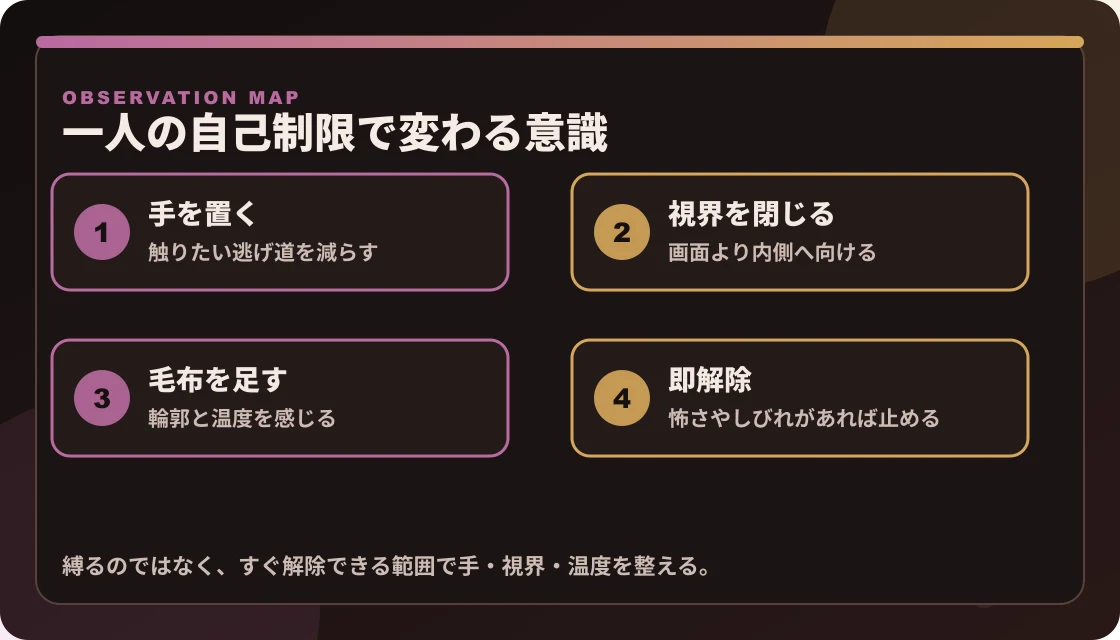 一人の自己制限で、手を置く、視界を閉じる、毛布を足す、即解除する流れを整理した図解